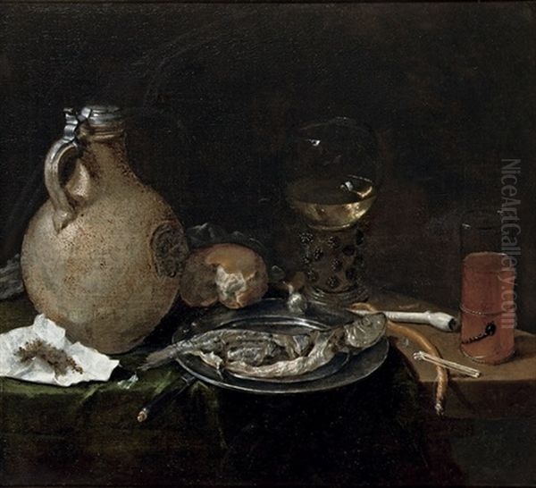 An Earthenware Jug, A Bun, A Roemer, Sliced Herring On A Pewter Plate Oil Painting by Cornelis Stangerus