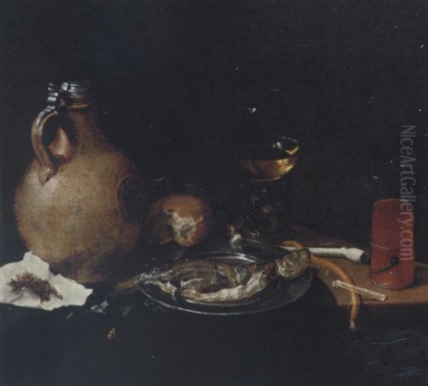 An Earthenware Tankard, Tobacco In A Piece Of Paper, A Bun, A White Clay Pipe, A Roemer, Sliced Herring On A Pewter Plate And A Kometenglas On A Partly-draped Table Oil Painting by Cornelis Stangerus