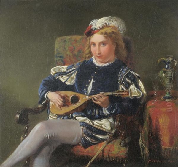 Young Man Seated On A Chair Playing A Lute Oil Painting by Henry Stanier