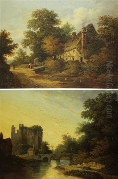 English Cottage; English Landscape (pair) Oil Painting by Caleb Robert Stanley