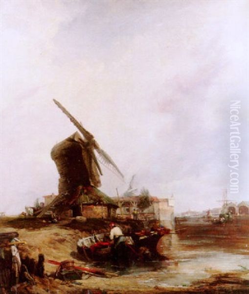 The Frindsbury Windmill, Chatham, Overlooking The Covered Ships In The Dockyard Oil Painting by Caleb Robert Stanley