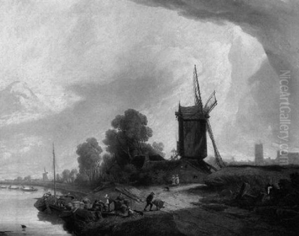 River Landscape With Windmills And Barges Oil Painting by Caleb Robert Stanley