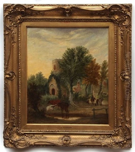 Country Lane With Figures Oil Painting by Alfred Stannard