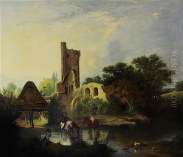 Figures With Horses Watering Before Caister Castle And An Open Barn Oil Painting by Alfred Stannard