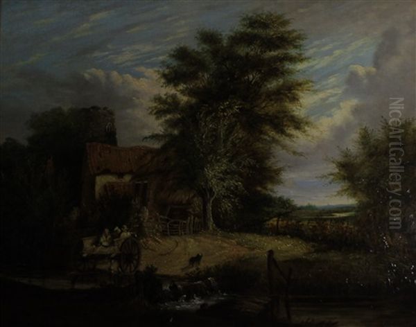 Figures In A Haycart Fording A Stream With A Cottage And Tower Beyond Oil Painting by Alfred Stannard