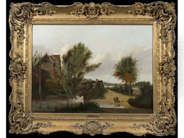 Figures Beside A Mill Pond Oil Painting by Alfred Stannard