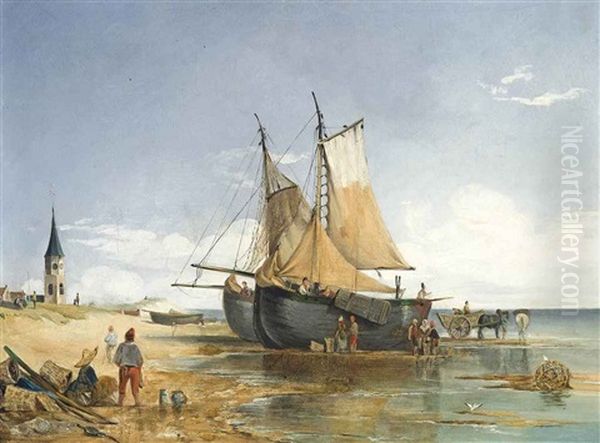 Fisherfolk On The Shore, Low Tide Oil Painting by Alfred Stannard