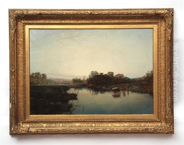 River Landscape With Cattle Watering Oil Painting by Alfred George Stannard