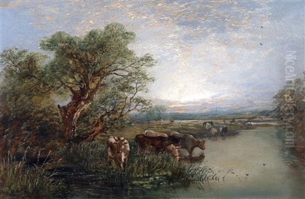 River Landscape With Cattle Watering by Alfred George Stannard