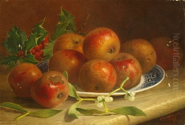 Still Life Of Apples On A Plate With Holly And Mistletoe by Eloise Harriet Stannard