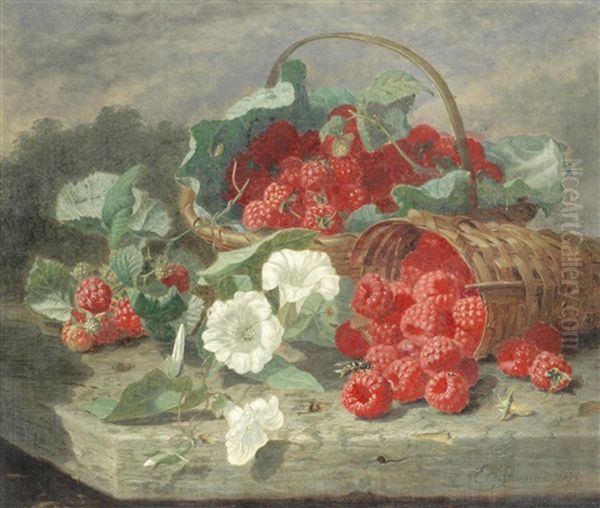 Still Life Of Raspberries, Cabbage Leaves & Convolvulus Oil Painting by Eloise Harriet Stannard