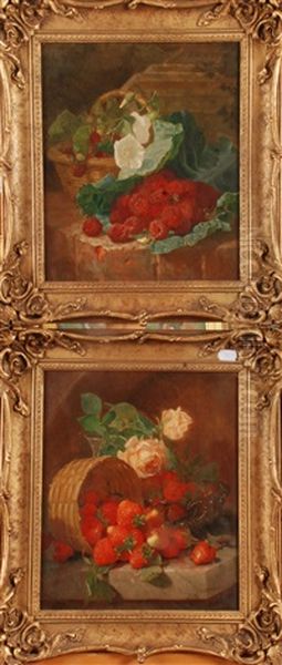 Raspberries, Cabbage Leaf And A Basket On A Brick Ledge & Strawberries On A Marble Ledge Oil Painting by Eloise Harriet Stannard