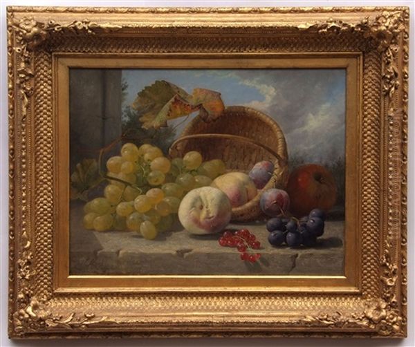 Still Life Study Of Mixed Fruit In A Basket On A Marble Ledge Oil Painting by Eloise Harriet Stannard