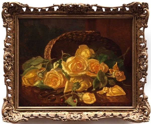 Still Life Study Of Yellow Roses, Scissors, Ladybirds And A Basket Oil Painting by Eloise Harriet Stannard