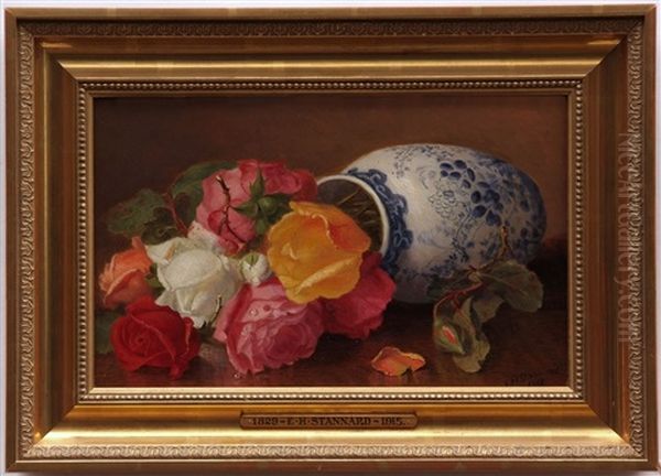 Still Life Study Of A Fallen Blue And White Vase And Roses Oil Painting by Eloise Harriet Stannard