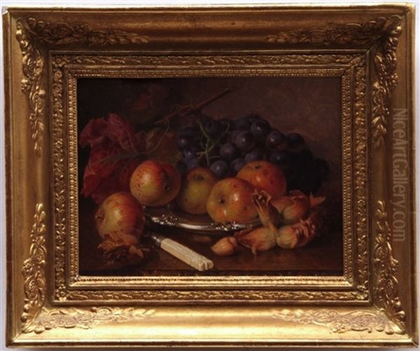 Still Life Study Of Apples And Grapes On A Silver Plate Oil Painting by Eloise Harriet Stannard