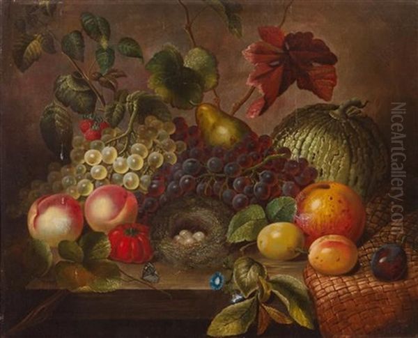 Still Life With Fruit, Bird's Nest And Butterflies Oil Painting by Eloise Harriet Stannard