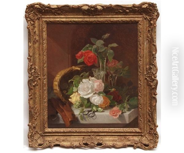 Still Life Study Of Roses, Basket And Glass Vases On A Marble Ledge Oil Painting by Eloise Harriet Stannard