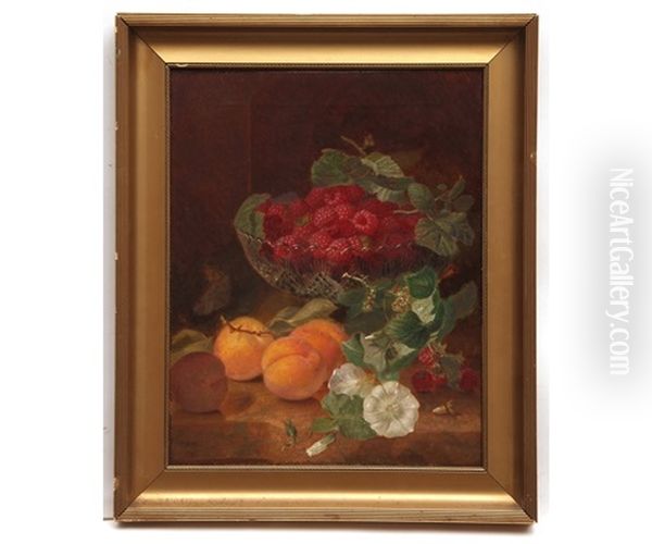 Still Life Study Of Raspberries In In Glass Dish With Peaches On A Wooden Ledge Oil Painting by Eloise Harriet Stannard