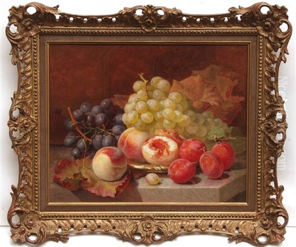 Still Life Study Of Peaches, Grapes And Plums With Norwich Silver Plate On A Marble Ledge Oil Painting by Eloise Harriet Stannard