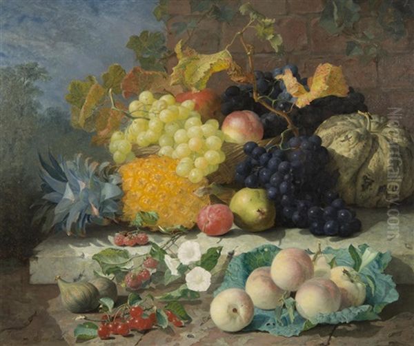 Still Life Of Summer Fruits In A Basket On A Stone Ledge Oil Painting by Eloise Harriet Stannard