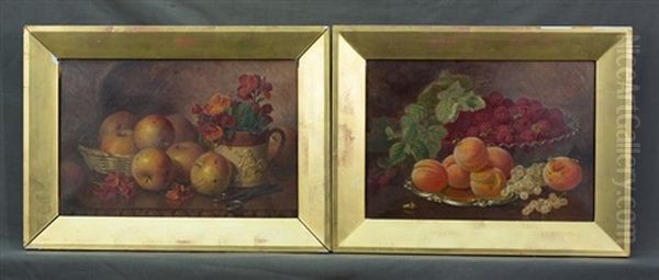 Raspberries, Peaches & Wasps; & Basket Of Fruit & Harvest Jug (2 Works) Oil Painting by Eloise Harriet Stannard