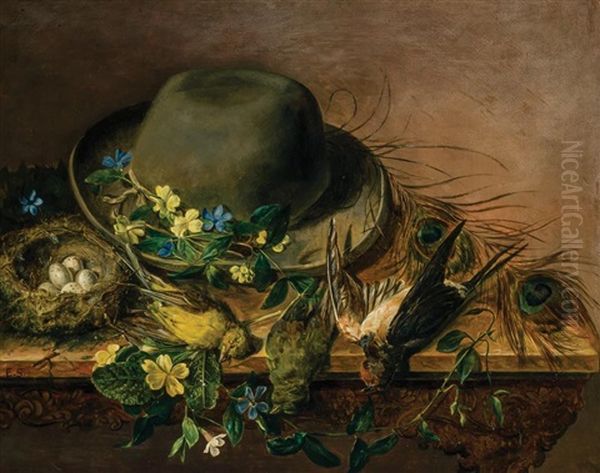 Still Life With Hat, Bird, And Eggs Oil Painting by Emily Stannard