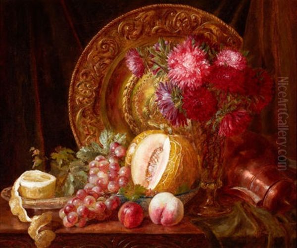 Chrysanthemums, Fruits And Plate Oil Painting by Emily Stannard