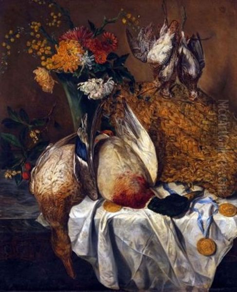 Still Life Study Of Mixed Flowers, Basket And Dead Game On A Table Ledge Oil Painting by Emily Coppin Stannard