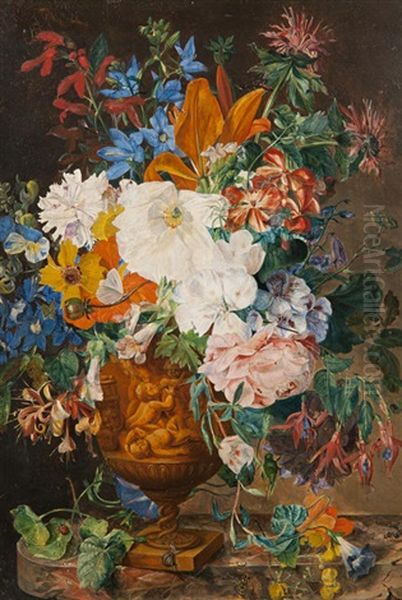 Still Life Of Insects And Flowers In A Terracotta Vase Oil Painting by Emily Coppin Stannard