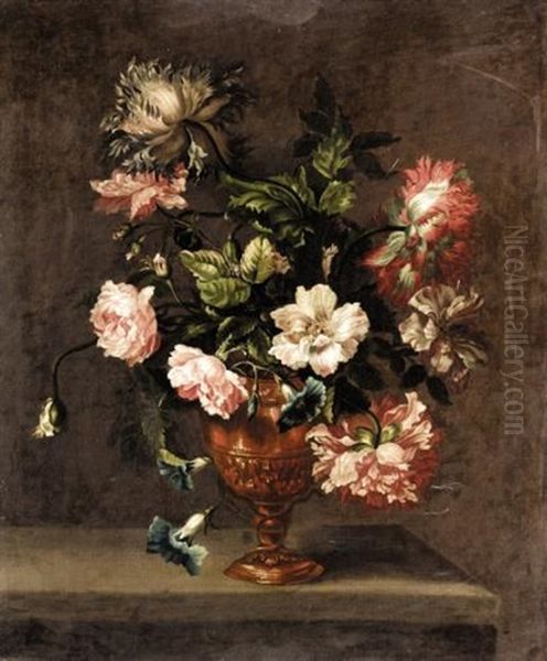 Still Life Of Roses, Peonies, And Other Flowers In A Vase On A Ledge Oil Painting by Emily Coppin Stannard