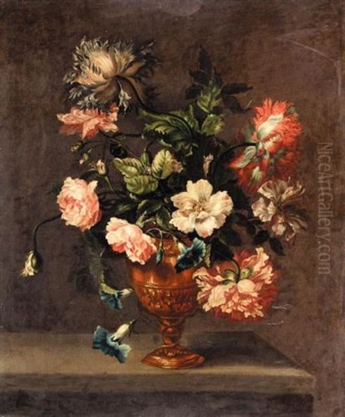 Still Life Of Roses, Paeonies, And Other Flowers In A Vase On A Ledge Oil Painting by Emily Coppin Stannard