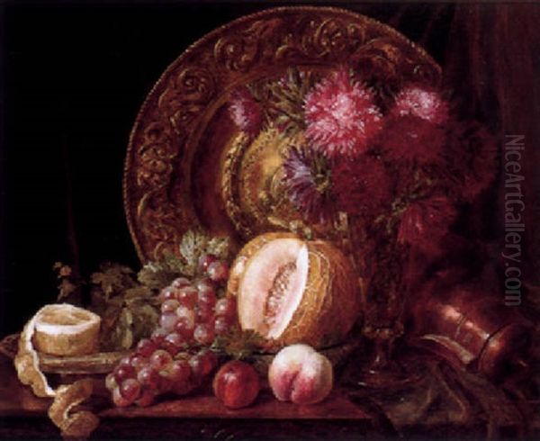 Still Life With Chrysanthemums, Fruits And An Embossed Plate Oil Painting by Emily Coppin Stannard