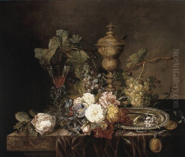 Still Life With Flowers, Goblet, Silver Plate On Draped Ledge Oil Painting by Emily Coppin Stannard