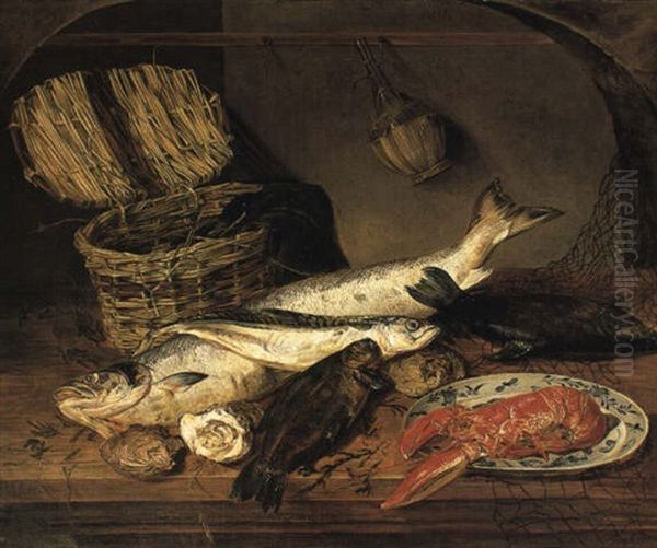 Still Life With Fish, Basket And Wine Bottle Oil Painting by Emily Coppin Stannard