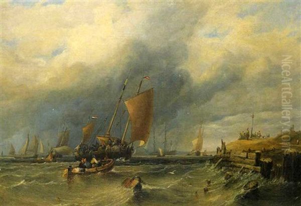 Sailing Vessels Off The Coast In The Stormy Seas Oil Painting by Joseph Stannard