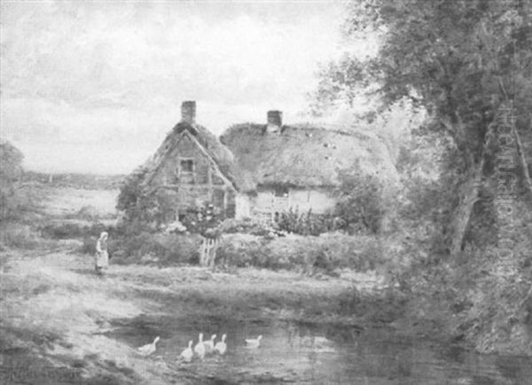 Figure Before A Cottage, Duck Pond In The Foreground Oil Painting by Theresa Sylvester Stannard