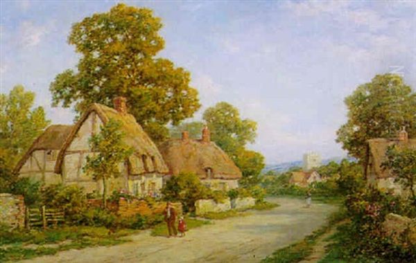 Thatched Cottages In An English Rural Landscape Oil Painting by Theresa Sylvester Stannard