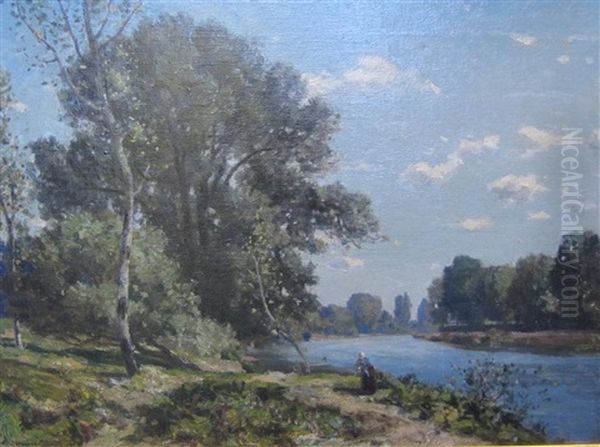 A Sunlit River Landscape With Figure Oil Painting by Herbert Hughes (Sir) Stanton