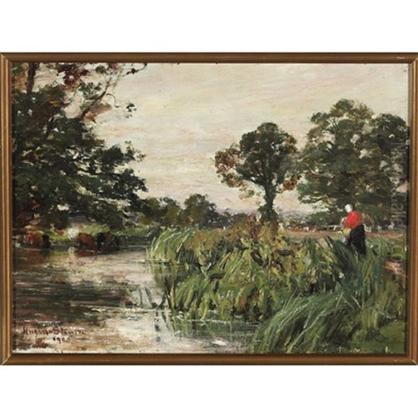 Woman By A Marshland Tending The Herd Oil Painting by Herbert Hughes (Sir) Stanton