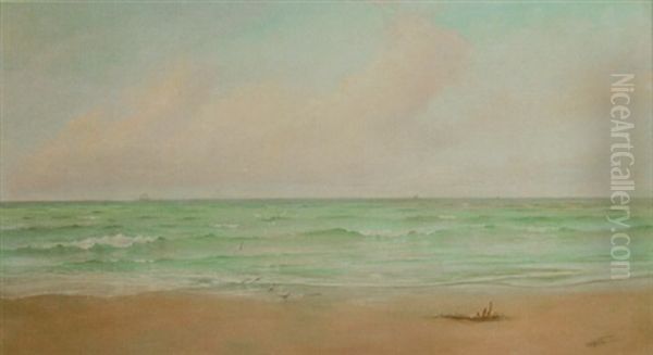 Waves Breaking On A Sandy Beach, Shipping On The Horizon Oil Painting by Horace Hughes Stanton