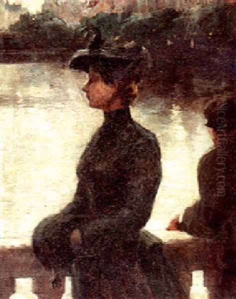 Lady On A Bridge Oil Painting by John Aloysius Stanton