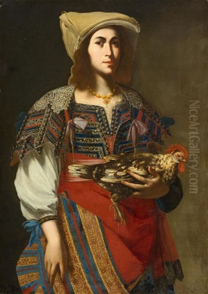 Portrait Of A Lady In Traditional Neapolitan Costume Oil Painting by Massimo Stanzione