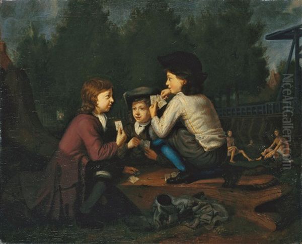 Genreszene Im Freien. Im Mittelgrund Drei Karten Spielende Knaben, Rechts An Einer Zugbrucke Drei Badende Oil Painting by Focke Stapert