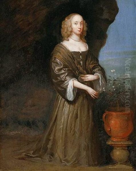 Portrait Of Lady Anne Woodhouse Wearing A Brown Dress, Holding Flowers In Her Right Hand Oil Painting by Abraham Staphorst