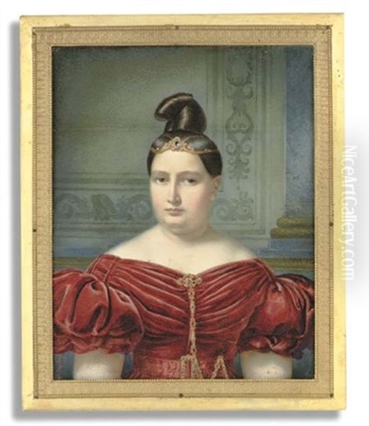 A Young Lady (the Artist's Wife?), In Red Dress With Short Puffed Sleeves, Orange And Red Enamelled Gold Brooch And Matching Chain Suspended From Corsage And Matching Belt Buckle On Red Sash Oil Painting by Michel Ghislain Stapleaux