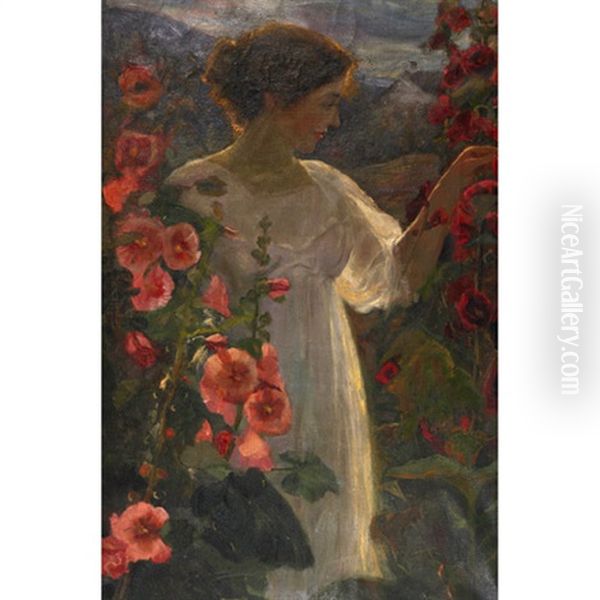 Young Girl Admiring Flowers Oil Painting by Owen Staples