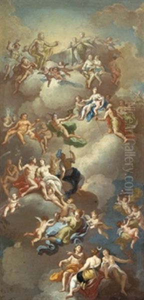 Scena Mitologica Con L'olimpo Degli Dei, Tra I Quali Sono Riconoscibili Giove E Giunone, Bacco, Mercurio, Crono, Apollo, Demetra E Diana Oil Painting by Gerolamo Starace