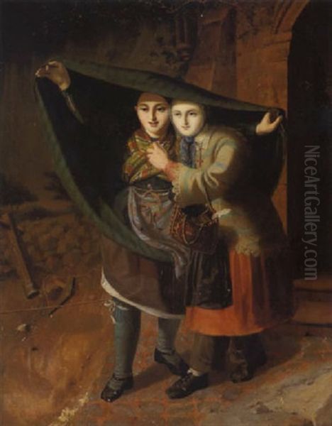 Deux Jeunes Filles Se Protegeant De La Pluie Oil Painting by Gaspard Joseph Pit Jules Starck