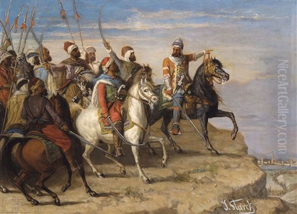 Ottoman Horsemen Oil Painting by Julius Josephus Gaspard Starck